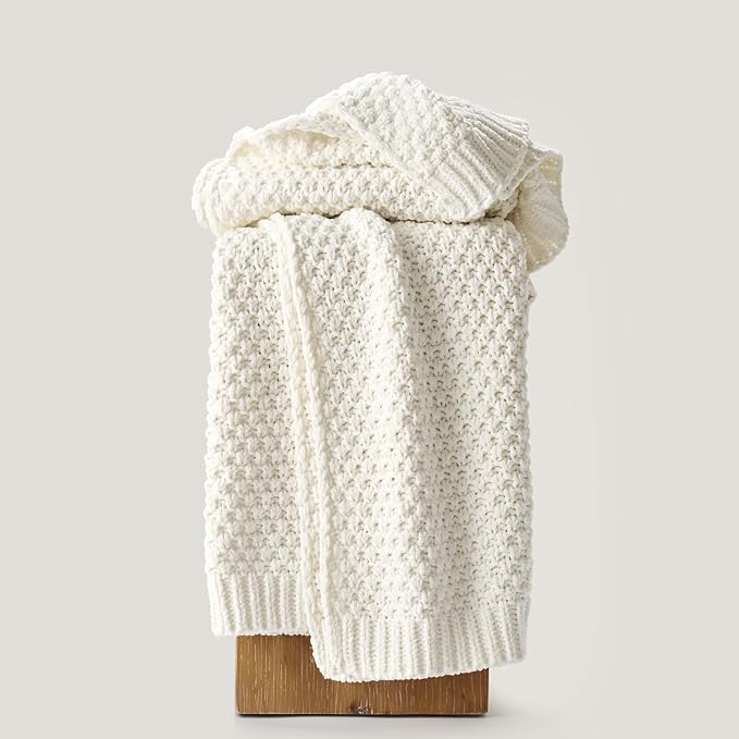 EVERGRACEHOME Chunky Chenille Knit Throw Blanket for Couch, Soft Luxurious Moss Stitch Blankets for Bed, Cozy Decorative Farmhouse Knitted Throws for Sofa, Bright White, 50" x 60"