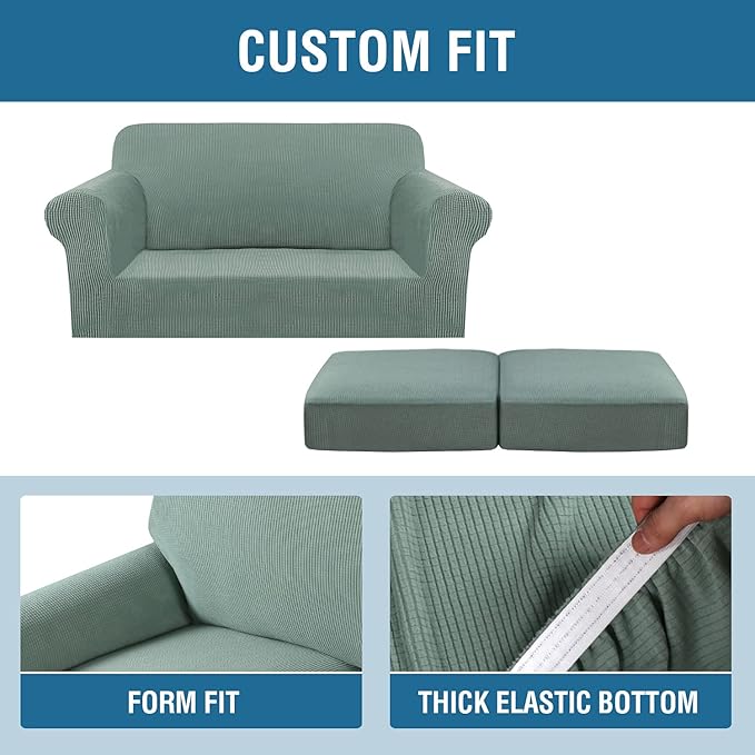 H.VERSAILTEX 3 Piece Stretch Sofa Covers for 2 Cushion Loveseat Couch Covers for Living Room Sofa Slipcovers (Base Cover Plus 2 Seat Cushion Covers) Thicker Jacquard Fabric(Medium Sofa, Sage)