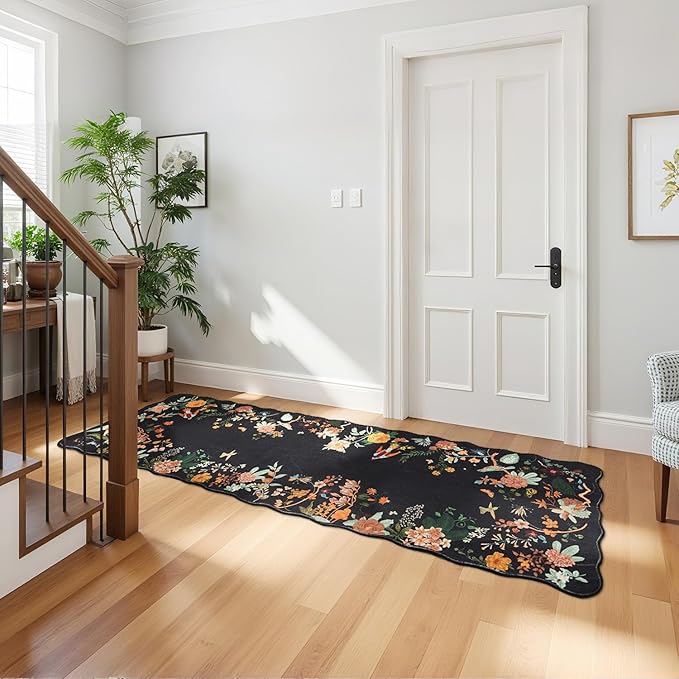 Rugflix 2x6 Runner Rug for Hallway, Washable Kitchen Runner Non Slip, Soft Low Pile Entryway Carpet, Vintage Floral Stain Resistant Long Laundry Room Rugs for Bedroom, Stairs