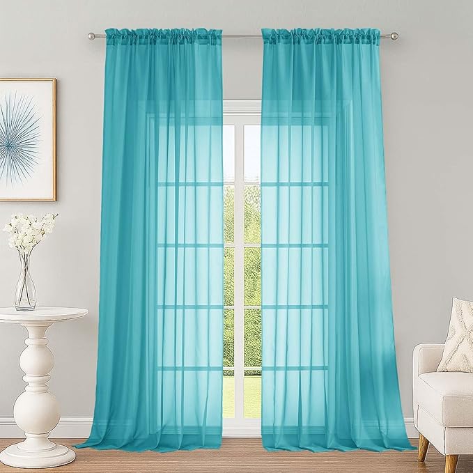 OWENIE Extra Long Turquoise Sheer Curtains 96 Inches Long 2 Panels Set, Soft Lightweight Airy Voile Sheer Curtain for Bedroom Living Room, Rod Pocket Solid Color Farmhouse Curtains, 59" Wx96 L Inch