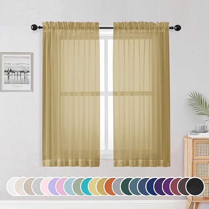 OWENIE Sheer Curtains 54 Inch Length 2 Panels Set, Gold Sheer Curtain for Living Room, Clear Short Curtains for Small Window, 2 Pcs 84 Width 54 Long, Gold