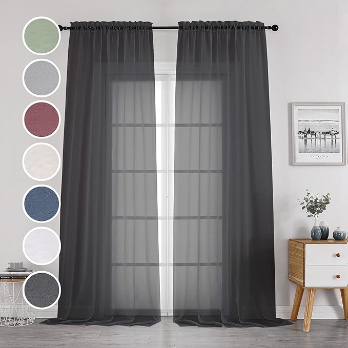 OWENIE Black Sheer Curtains 144 inch Extra Long, Elegant and Airy Drapes Translucent Window Treatments for Living Room/Bedroom, Black, 2 Panels=84" Wide