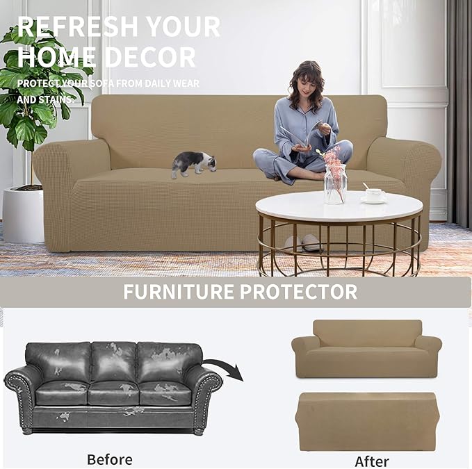 Easy-Going Stretch Loveseat Slipcover 1-Piece Sofa Cover Furniture Protector Couch Soft with Elastic Bottom for Kids Polyester Spandex Jacquard Fabric Small Checks (Loveseat, Tan)