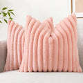 decorUhome Summer Cozy Faux Fur Throw Pillow Covers 22x22 Set of 2 Decorative Plush Striped Modern Farmhouse Boho Couch Euro Sham Pillow Cases with Velvet Back for Sofa Bed Living Room, Blush Pink