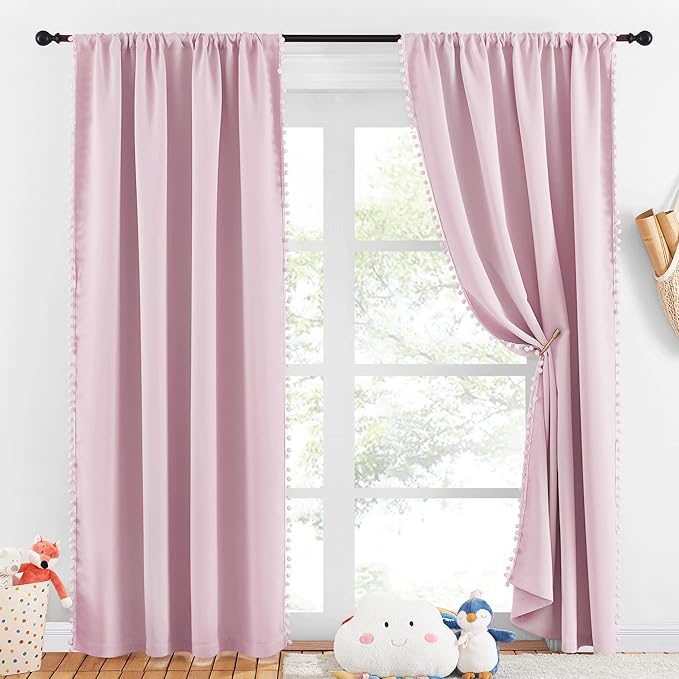 NICETOWN Pom Pom Blackout Curtains for Girls Bedroom Boho Pink Window Curtains for Nursery Rod Pocket Thermal Insulated Living Room Darkening Curtain Panels for Play Room, 52" W x 84" L, 2 Panels