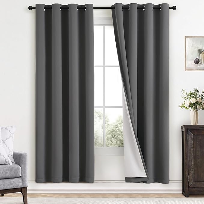 Yakamok Room Darkening 100% Blackout Curtains Grommet Window Treatments with 2 Thick Layers-Charcoal Grey Thermal Insulated Drapes Set of 2 Panels for Bedroom Living Room 52 Inches by 72 Inches Length