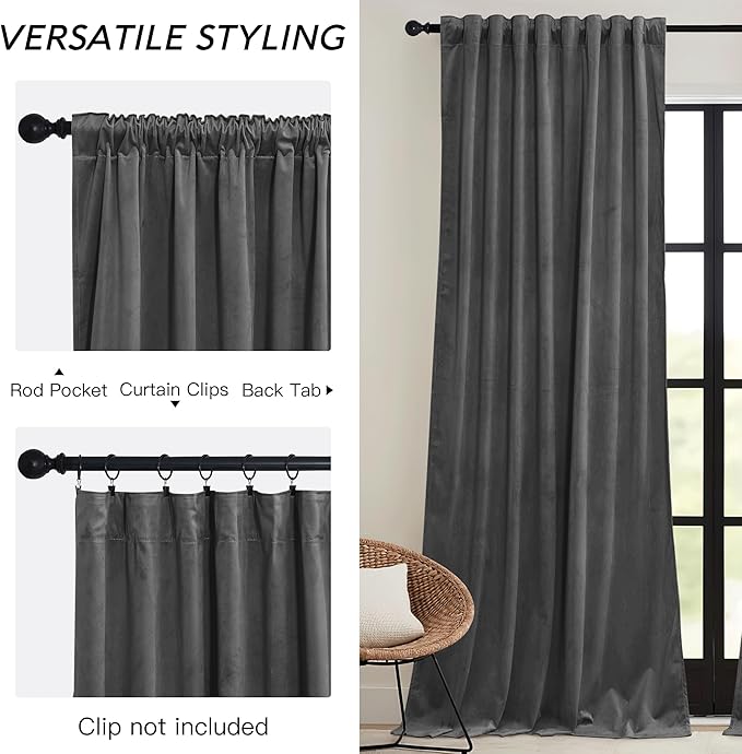 RYB HOME Grey Velvet Curtains 90 inches - Super Soft Blackout Curtains Thermal Insulated Drapes Heat Block Room Darkening Panels for Bedroom/Studio, Wide 52 x Long 90, Grey, 2 Panels