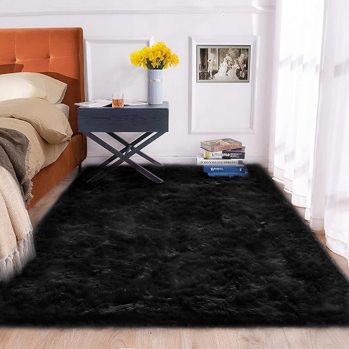 ORINOVA Black Rug for Bedroom 5x7 Area Rugs for Living Room Washable Shaggy Sheepskin Fluffy Fur Rug for Girl Room Rectangle Nursery