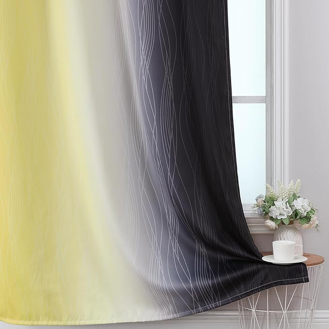 Estelar Textiler Black and Yellow Ombre Blackout Curtains for Bedroom, Thermal Insulated Blackout Drapes, Full Light Blocking Energy Saving Long Curtains for Living Room, 52Wx96L, 2 Panels