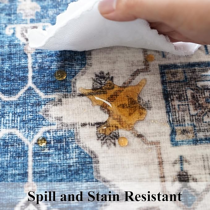 2x5 Washable Hallway Runner Rug: Indoor Farmhouse Entryway Kitchen Rugs Oriental Thin Non-Slip Water Resisitant Carpet for Bathroom Laudry Ultra Soft Floor Mat for Living Room Bedroom(2X5,Blue)