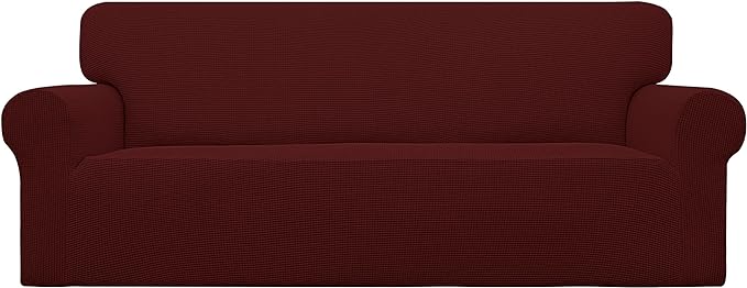 Easy-Going Stretch Sofa Slipcover 1-Piece Sofa Cover Furniture Protector Couch Soft with Elastic Bottom for Kids, Polyester Spandex Jacquard Fabric Small Checks (Sofa, Wine)