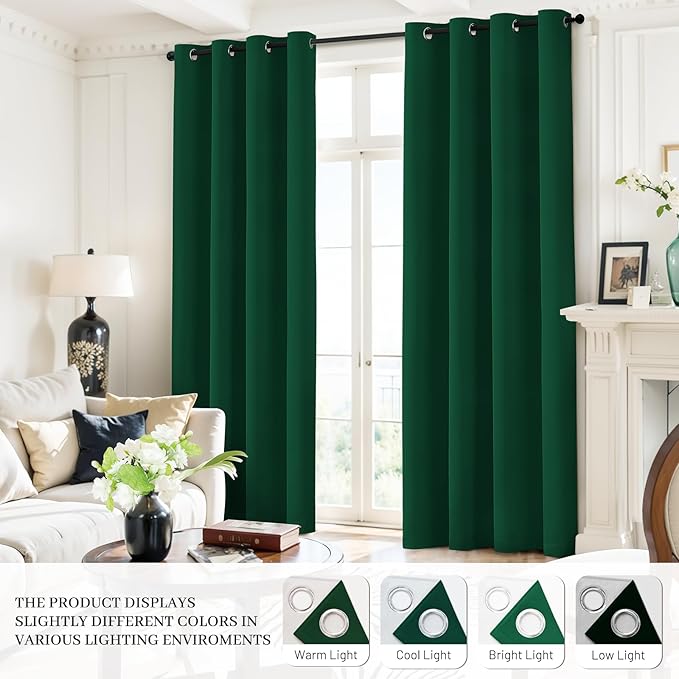 Yakamok 100% Blackout Curtains Dark Green Room Darkening Thermal Insulated with 2 Thick Layers-Hunter Green Window Drapes Set of 2 Panels for Bedroom Living Room 52 Inches by 84 Inches Length