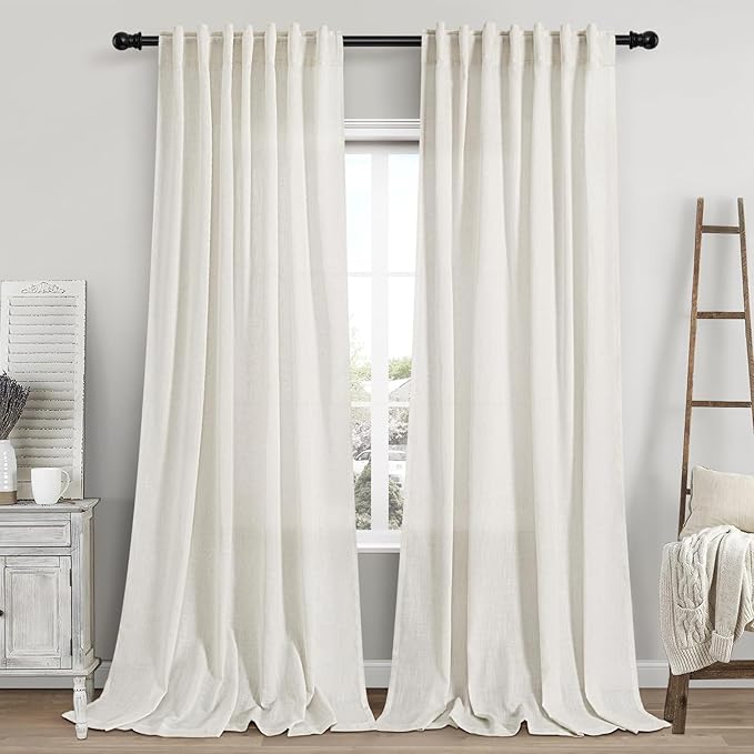 Cream Linen Curtains 115 Inches Long 2 Panels Set for Living Room Extra Long Back Tab Curtains Neutral Farmhouse Light Filtering Semi Sheer Linen Drapes Ceiling to Floor for Large Window 52x115