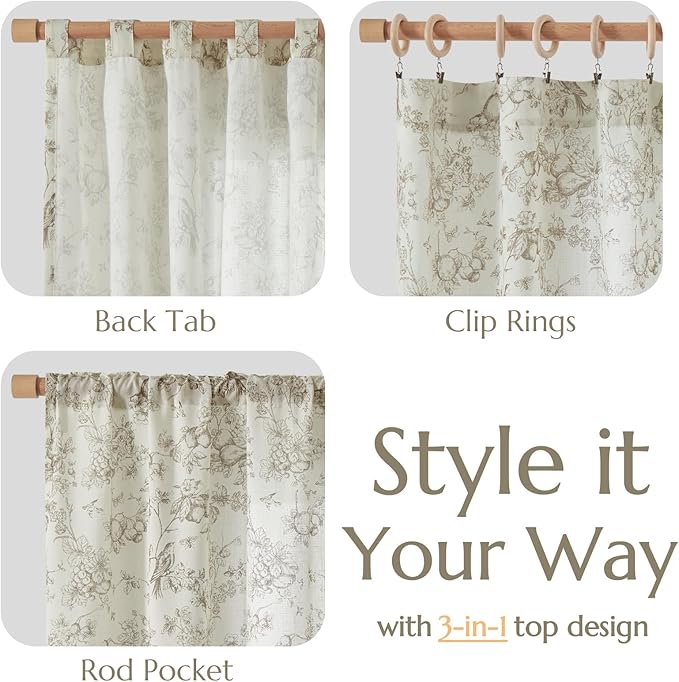 jinchan Linen Floral Curtains for Living Room 96 Inch Length Taupe Printed Flower French Country Curtain Farmhouse Cottage Core Toile Curtains Back Tab Light Filtering Window Drapes Set 2 Panels