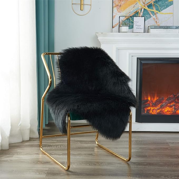 EasyJoy Ultra Soft Fluffy Shaggy Area Rug Faux Fur Rug Chair Cover Seat Pad Fuzzy Area Rug for Bedroom Floor Sofa Living Room (2 x 3 ft Sheepskin, Black)