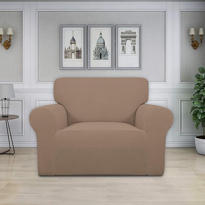 Easy-Going Stretch Chair Sofa Slipcover 1-Piece Couch Sofa Cover Furniture Protector Soft with Elastic Bottom for Kids, Pet. Spandex Jacquard Fabric Small Checks (Chair, Camel)