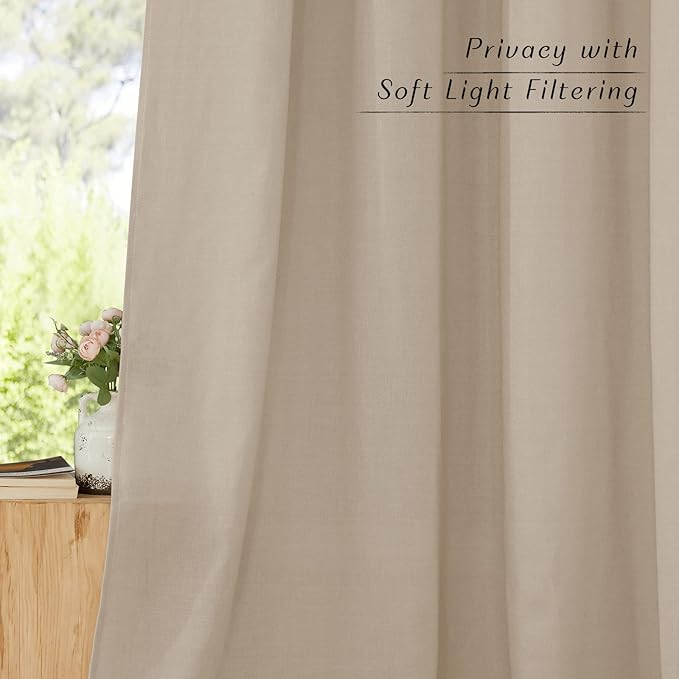 NICETOWN Flax Taupe Linen Curtains for Room Divider, Grommet Top Thick Flax Semi Sheer Vertical Drapes Privacy Assured with Light Filtering for Sliding Glass Door, W68 x L96, 2 Pieces