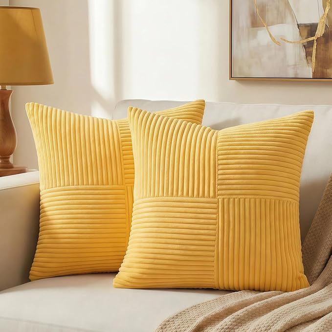 Fancy Homi 2 Packs Yellow Decorative Throw Pillow Covers 16x16 Inch for Living Room Couch Bed, Rustic Farmhouse Boho Home Decor, Soft Corss Patchwork Corduroy Textured Square Cushion Case 40x40 cm