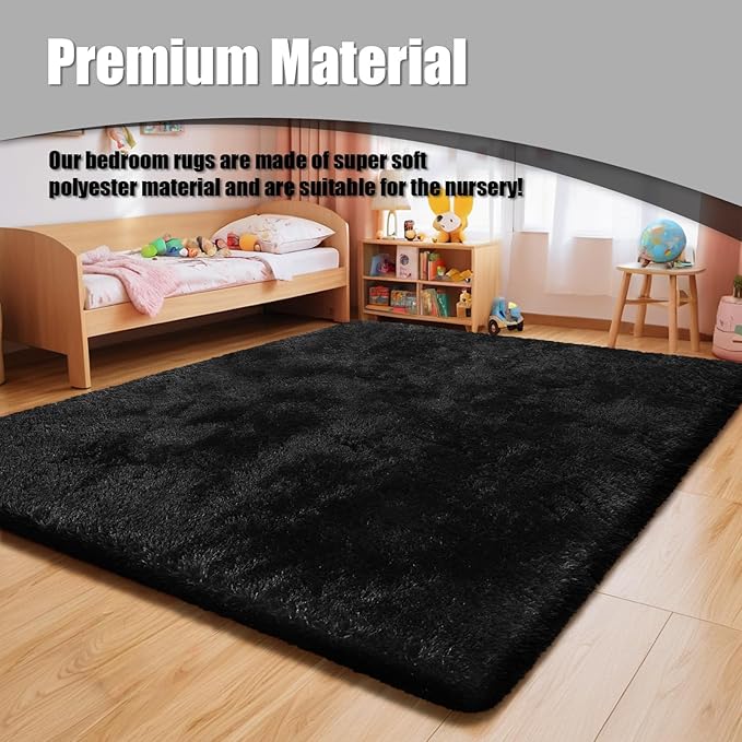 Shag Area Rug for Bedroom 4x6,Black Fluffy Area Rugs for Living Room,Soft Fuzzy Rug Non-Shedding Indoor Plush Carpet for Kids Bedroom Nursery Dorm Home Decor