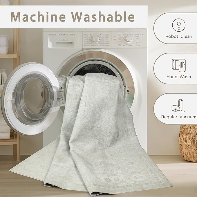 Washable Rugs 8x10 Area Rugs for Living Room,Bedroom,Dining Room- Large Ultra Soft Faux Wool Retro Carpets,Non Slip&Non-Shedding Low Pile Vintage Carpet for Home Office,Concrete Grey