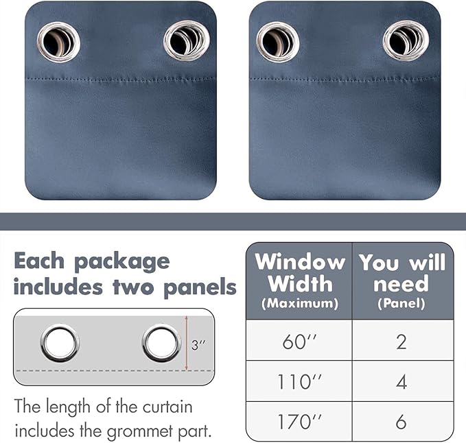 MIULEE 90" Long Blackout Room Darkening Curtains Thermal Insulated Drapes Solid Window Treatment Set Grommet Top Light Blocking Curtain for Living Room/Bedroom 2 Panels Stone Blue