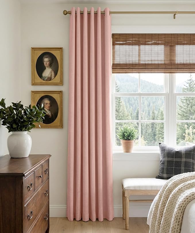 100% Blackout Shield Linen Blackout Curtains for Bedroom, Blush Pink Grommet Curtains for Living Room, Thermal Insulated Room Darkening Drapes for Nursery, Boho Home Decor, 50" W x 108" L, 2 Panels