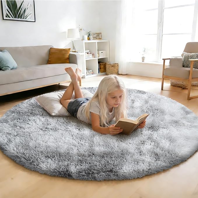 Tie-Dyed Fluffy Round Rug,Soft Area Rugs for Girls Room,Shaggy Rugs 5'X5' for Living Room,Non Slip Circle Rug for Kids Bedroom,Shag Plush Nursery Rug,Plush Carpet for Dorm,Furry Room Decor,Light Grey