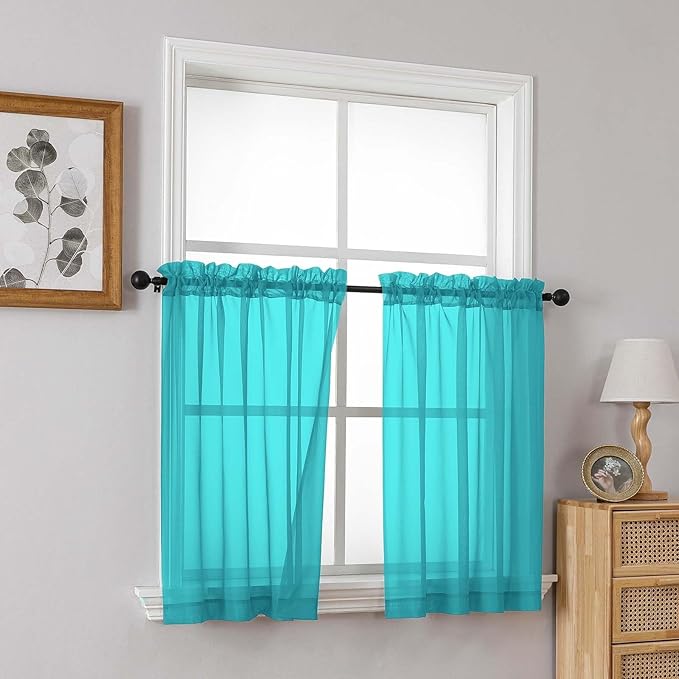 Turquoise Sheer Curtains Tier 30 Inches Length 2 Panels, Light Filtering Lightweight Soft Window Treatments Drapes, Cute Elegant Cafe Curtains for Nursery, Dual Rod Pocket, 2x42Wx30L Inches