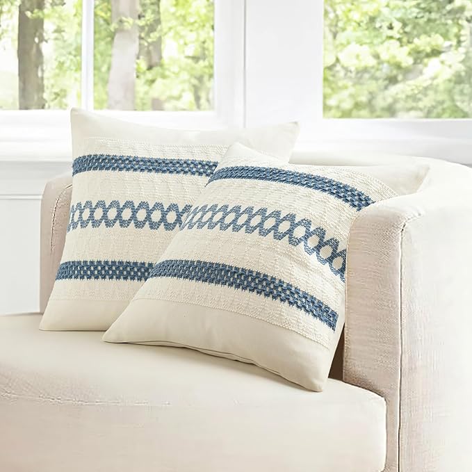 MIULEE Set of 2 Coastal Blue Boho Decorative Pillow Covers 20x20 Inch Farmhouse Rustic Couch Throw Pillows Modern Summer Cotton Cushion Covers Retro Cute Macrame Woven Spring Decor for Bed Sofa Chair