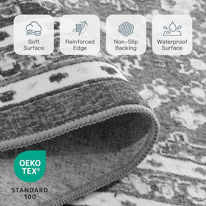 Lofus 8x10 Area Rugs for Living Room, Machine Washable Non-Slip Area Rug, Low Pile Large Rugs for Bedroom, Kitchen, Dining Room, Home Office, Vintage Oriental Print Rug, Light Grey with White
