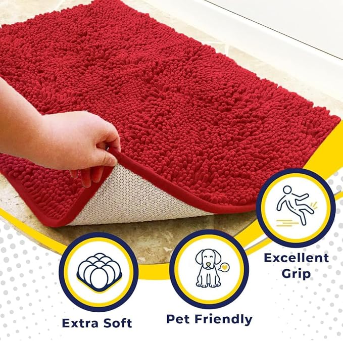 Muddy Mat® | Super Absorbent Door Mat Indoor, Microfiber Quick Dry Chenille Entryway Rug, Non-Slip Front Door Mat, Indoor Mats for Entryway, Machine Washable Pet Rug, Red 5ft x 7ft