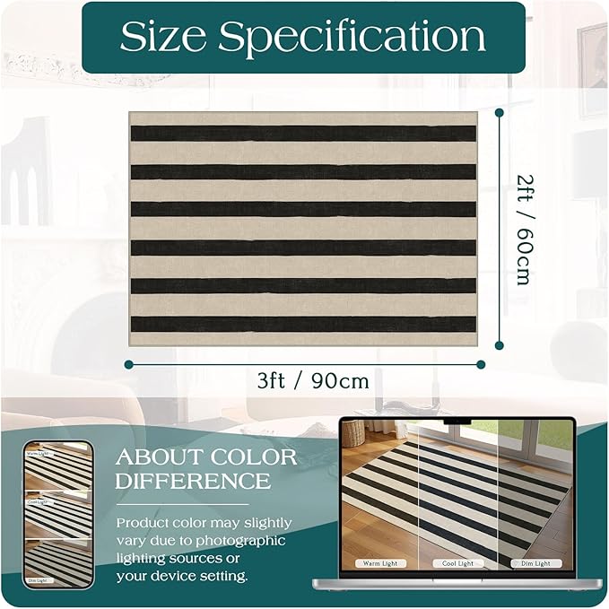 Black and White Striped Outdoor Rug - 2x3 Non-Slip Front Door Mat Outside Entrance Washable Doormat Indoor Outdoor Entry Rug Small Layered Rugs for Entryway Kitchen Front Porch Decor