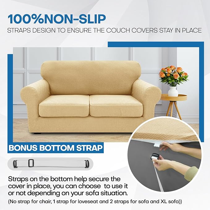 XINEAGE 2026 New 2 Pieces Chair Covers with Arms Super Stretch Chair Slipcover for Living Room Pet Dog Universal Slip Cover Anti Slip Armchair Furniture Protector (Beige), 31"-46"(1 Cushion)