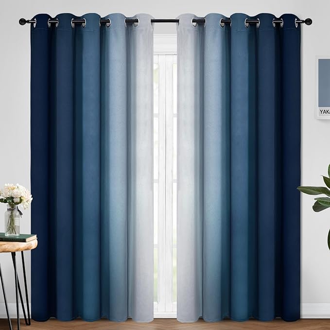 Yakamok Blue and Greyish White Ombre Curtains, Room Darkening Gradient Color Curtains for Bedroom, Light Blocking Thermal Insulated Window Drapes for Living Room(2 Panels, 70x84 Inch)