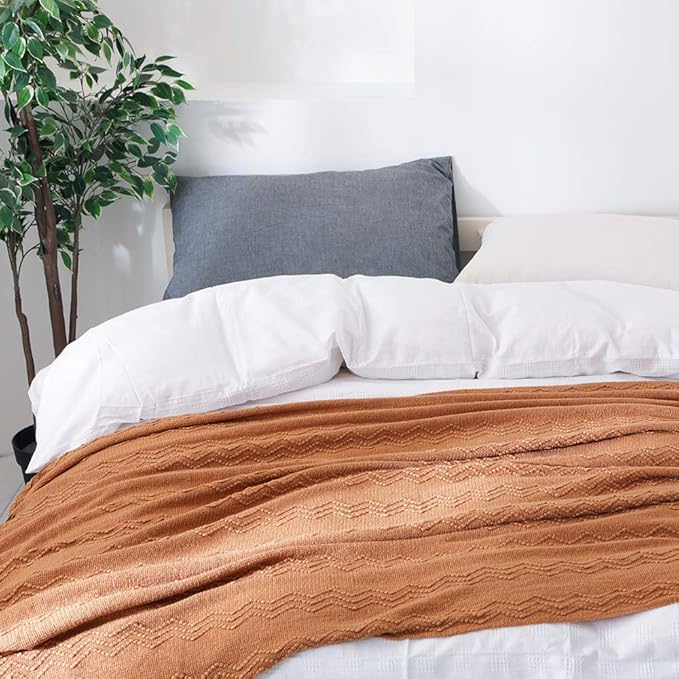 BOURINA Almond Throw Blanket 50 x90 Inches Throw Textured Solid Soft Sofa Throw Bed Runner Couch Cover Knitted Decorative Blanket Bed Runner