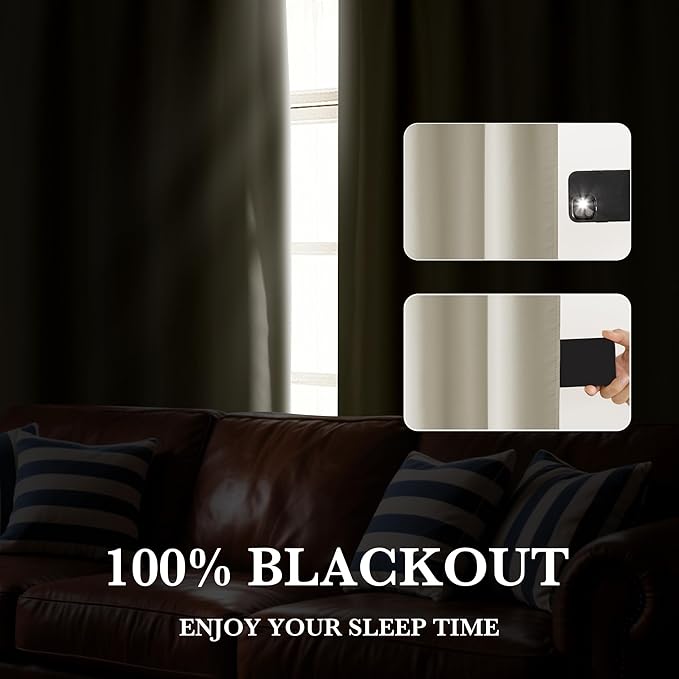 RYB HOME 100% Blackout Short Curtains for Small Window, Thermal Insulated Total Room Darkening Noise Reducing Curtains for Kitchen Bathroom Basement, 42 inches Wide by 45 inches Long, Natural