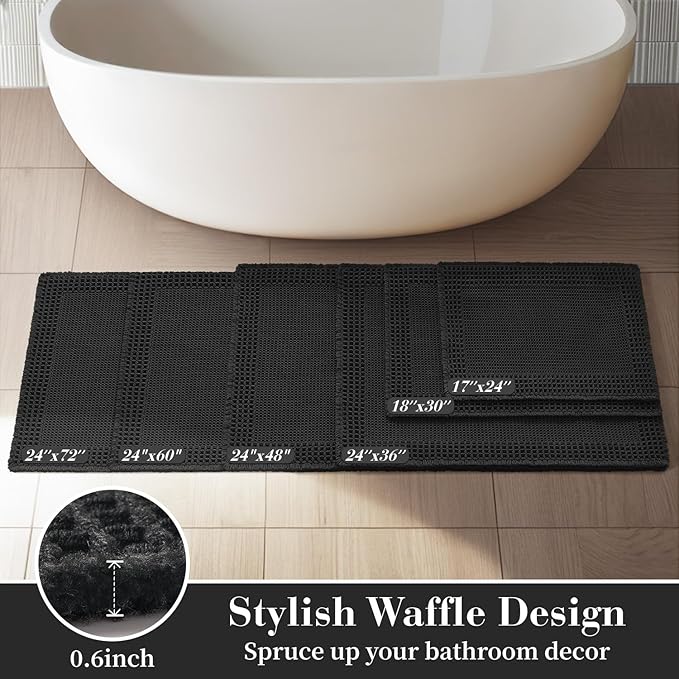 RESARE Waffle Bath Mat for Bathroom, Super Absorbent Bathroom Rugs Non Slip Machine Washable, Ultra Soft Quick Dry Boho Bath Rugs with Tassels for Floor, Upgraded Bordered Design, 24"x36" Black