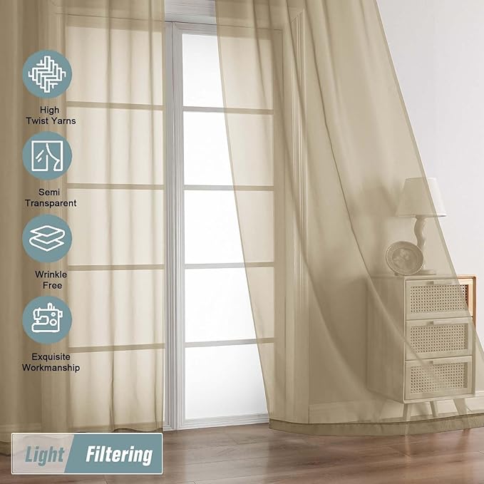 Taupe Sheer Curtains 84 Inches Long 2 Panels, Elegant Airy Transparent Light Filtering Window Curtains, Window Drapes for Living Room Bedroom, Top Dual Rod Pocket Design, 2x42Wx84L Inches