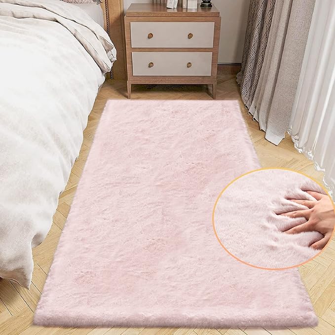 ORINOVA Small Pink Fuzzy Faux Rabbit Shaggy Fur Rug Furry Washable Runner Rug 2x6 Fluffy Rugs for Bedroom Living Room Nursery Rugs Teen Room Décor