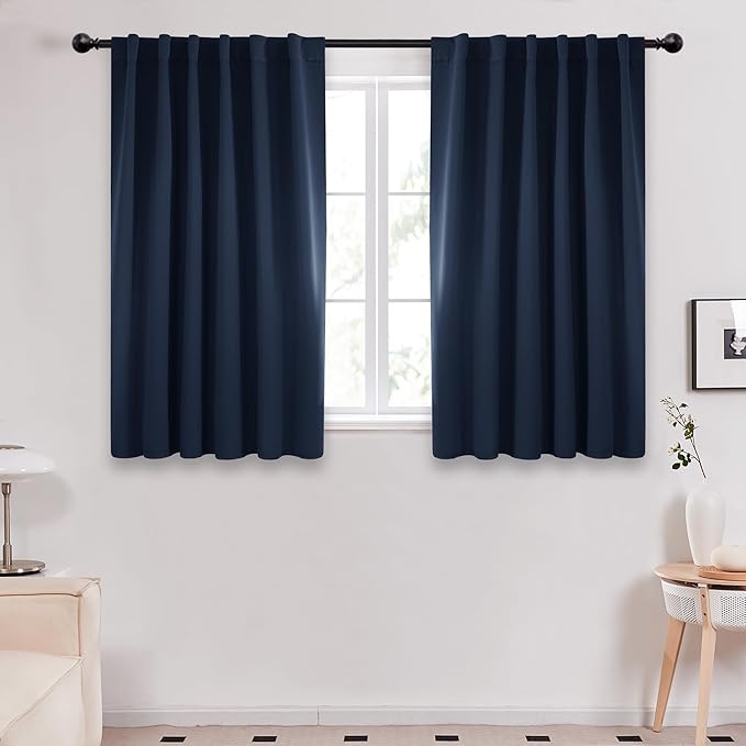 Deconovo Solid Back Tab and Rod Pocket Curtains Thermal Insulated Blackout Window Curtains for Kitchen 52Wx54L Inch Navy Blue 2 Panels