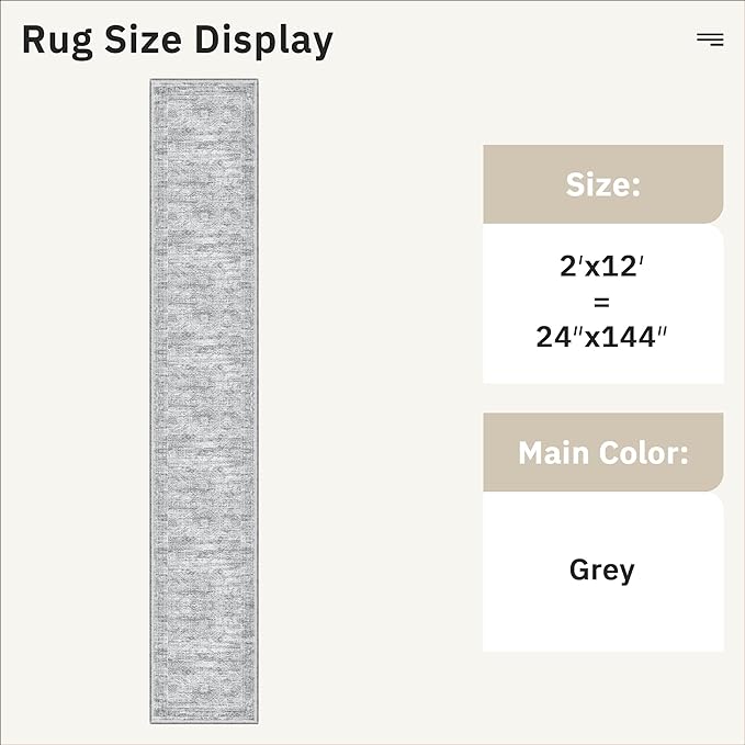 Runner Rug 2x12 Washable Non-Slip Hallway Runner Rugs for Kitchen Bathroom Laundry Room Grey Vintage Floor Carpet Runners for Hallways Entryway