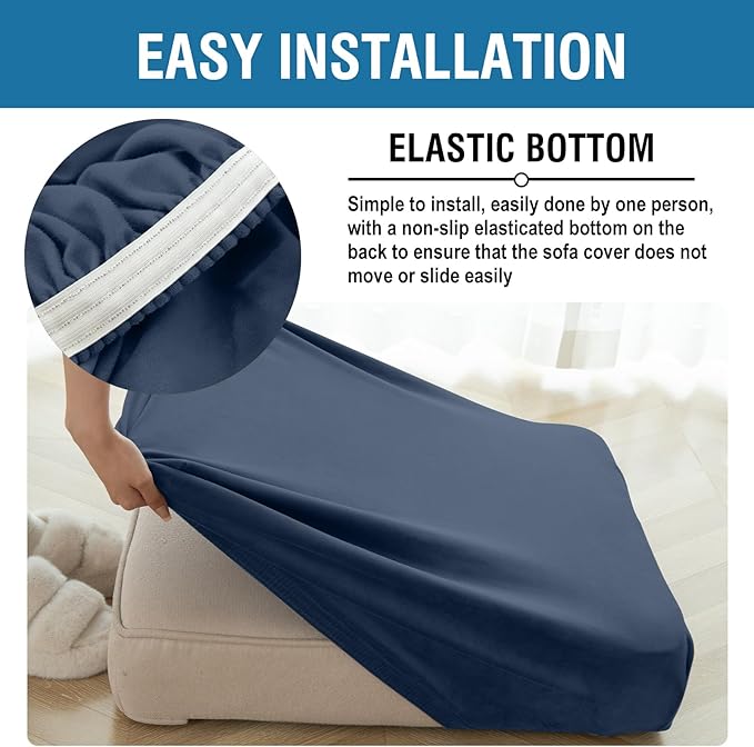 Couch Cover 3-Piece Elastic Velvet Couch Cushion Covers & Chaise Slipcovers for L-Shaped Sofas, Sofa Seat Covers Washable, Soft Cover for Couches (2 Seater + Chaise, Berlin Blue)
