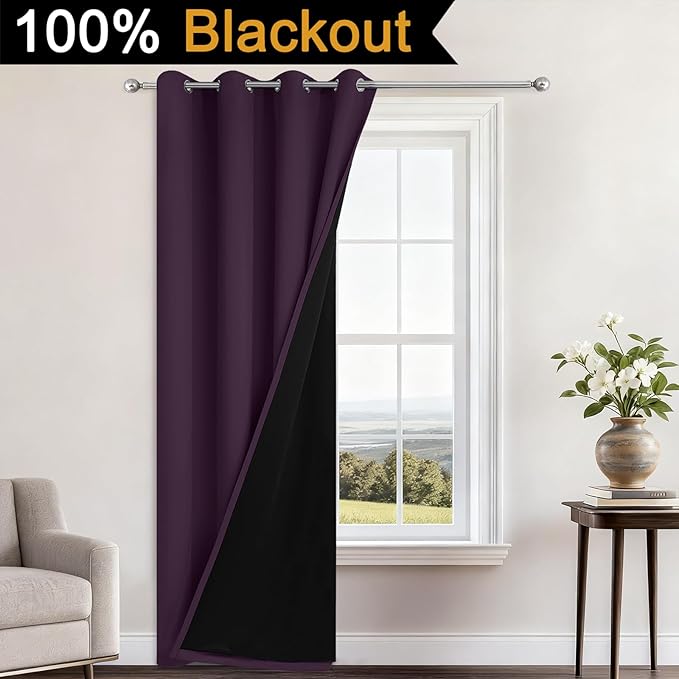 Yakamok 100% Blackout Curtains 96 Inches Long, 2 Thick Layers Heat and Full Light Blocking Soft Thermal Insulated Drapes for Bedroom(52" Wide Each Panel, Purple, 1 Panel)