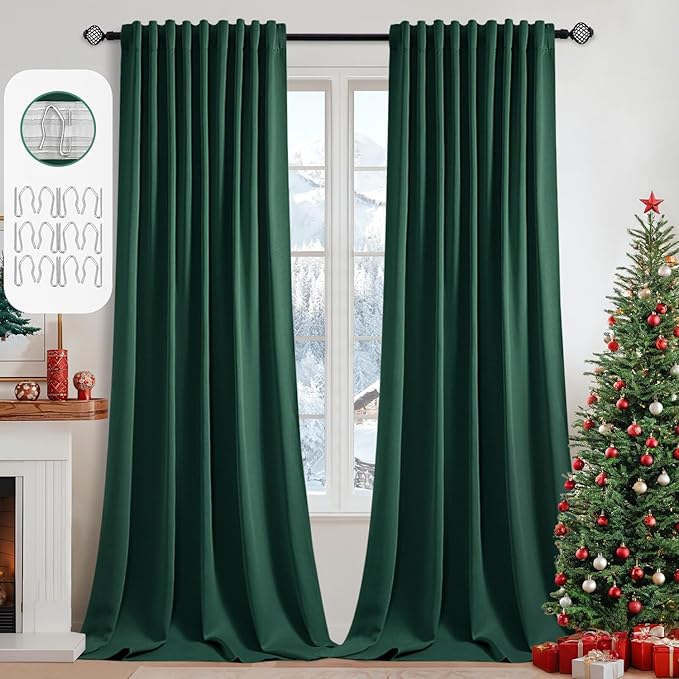 MIULEE Christmas Hunter Green Back Tab Blackout Curtains 108 Inch Long 2 Panels Set for Living Room Bedroom, Rod Pocket/Pinch Pleat Extra Long Thermal Insulated Room Darkening Pleated Window Drapes