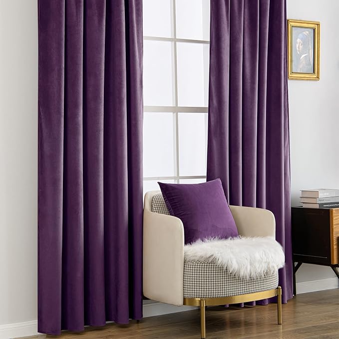 MIULEE Purple Velvet Curtains 90 inches - Luxury Blackout Curtains for Bedroom Living Room Thermal Insulated Super Soft Window Drapes Rod Pocket & Back Tab, W52 x L90 inches, 2 Panels