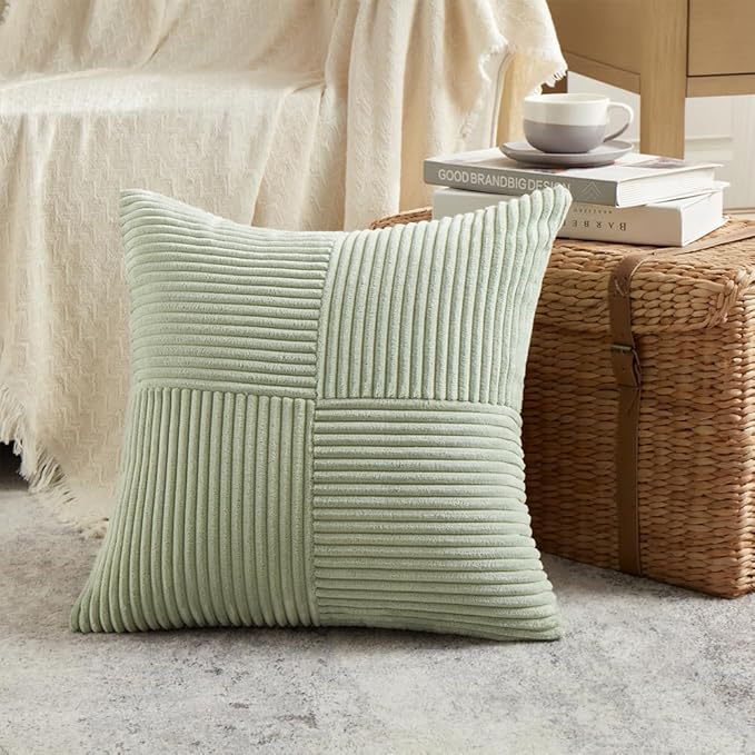 Fancy Homi 2 Packs Sage Green Decorative Throw Pillow Covers 16x16 Inch for Living Room Couch Bed, Rustic Farmhouse Boho Home Decor, Soft Corss Patchwork Corduroy Textured Square Cushion Case 40x40 cm