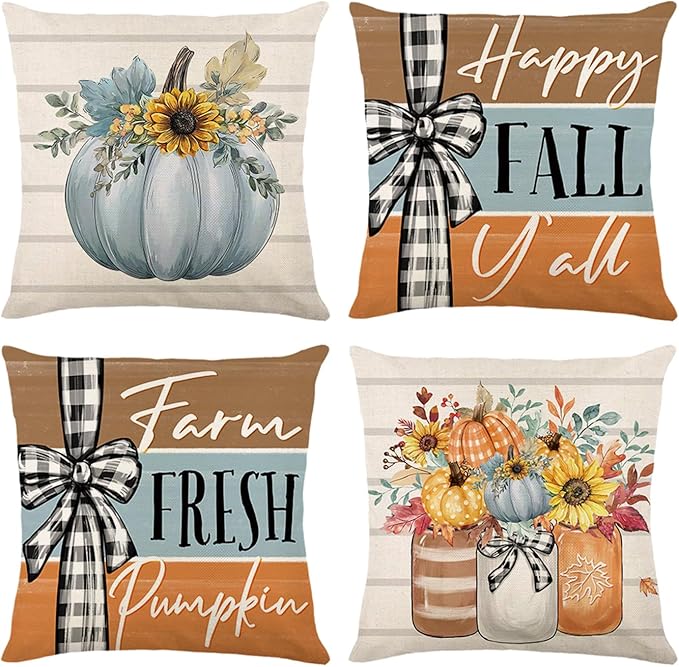 Fall Decorations for Home,Fall Pillow Covers 18 x 18 Inch Set of 4, Hello Autumn Pumpkin Mason Jar Thankful Decor, Cushion Cases for Farmhouse Home Party Sofa Couch