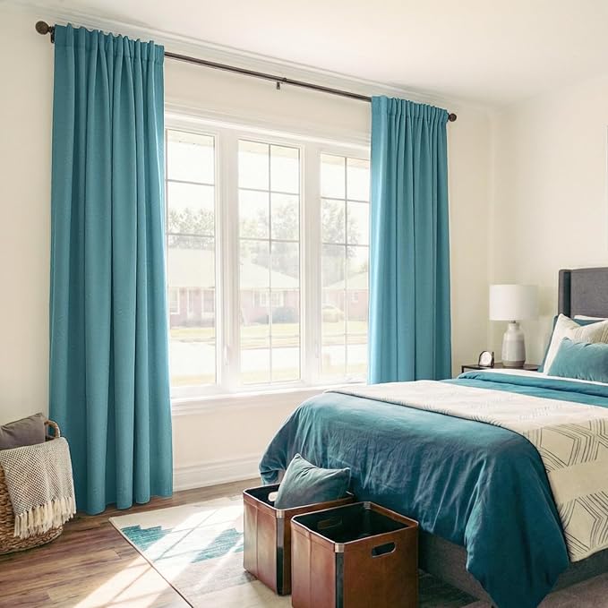 100% Blackout Shield Linen Blackout Curtains for Bedroom 108 Inches Long, Back Tab/Rod Pocket Living Room Drapes, Thermal Insulated Blackout Curtains 2 Panels Set, 50" W x 108" L, Dark Cyan