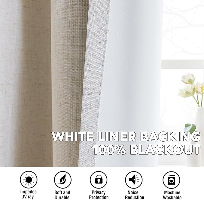 H.VERSAILTEX Linen Curtains 100% Blackout Curtains for Bedroom 63 inch Long Full Light Blocking Nature Linen Blended Window Curtains for Living Room Nickel Grommet (2 Panels, Heathered Natural)
