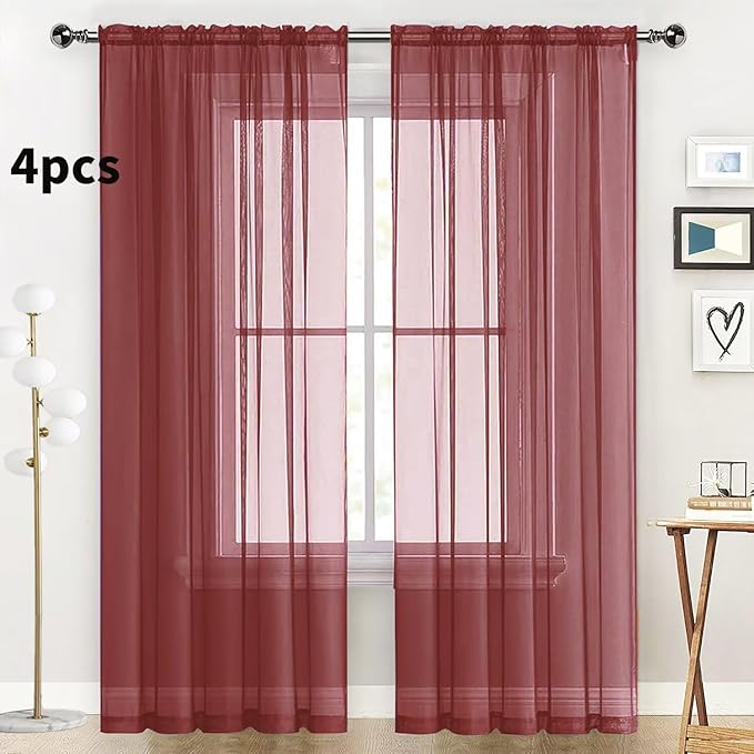 SpaceDresser Burgundy Sheer Curtains 4 Panels Rod Pocket Semi-Sheer Curtain 54 Inches Long Light Filtering Voile Window Drapes for Bedroom Living Room Kitchen, Each 52W x54L